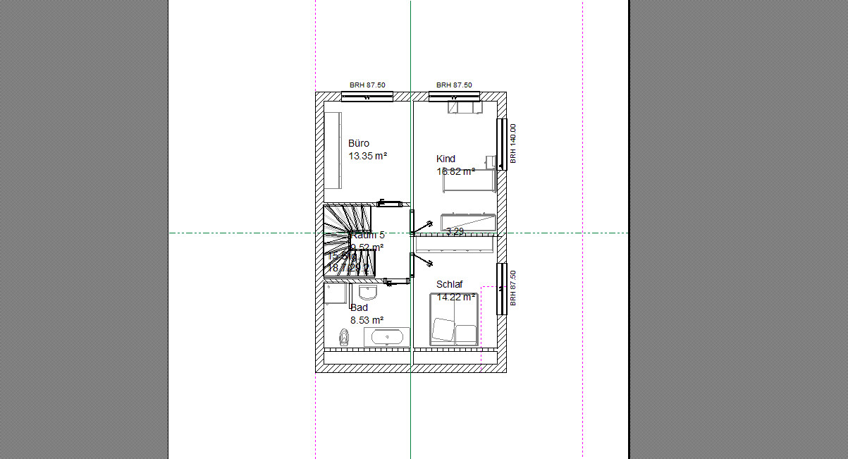 Grundriss: Büro 13,35 m²; Kind 16,82 m²; Schlaf 14,22 m²; Bad 8,53 m²; Treppenraum.