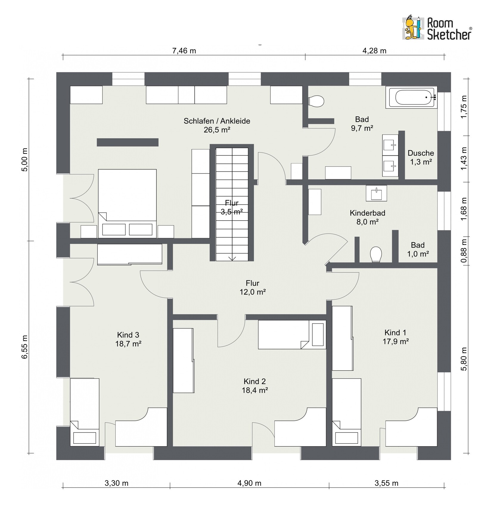 Grundriss eines Hauses: Schlafen/Ankleide, Bad, Dusche, Flur, Treppenhaus, drei Kinderzimmer.