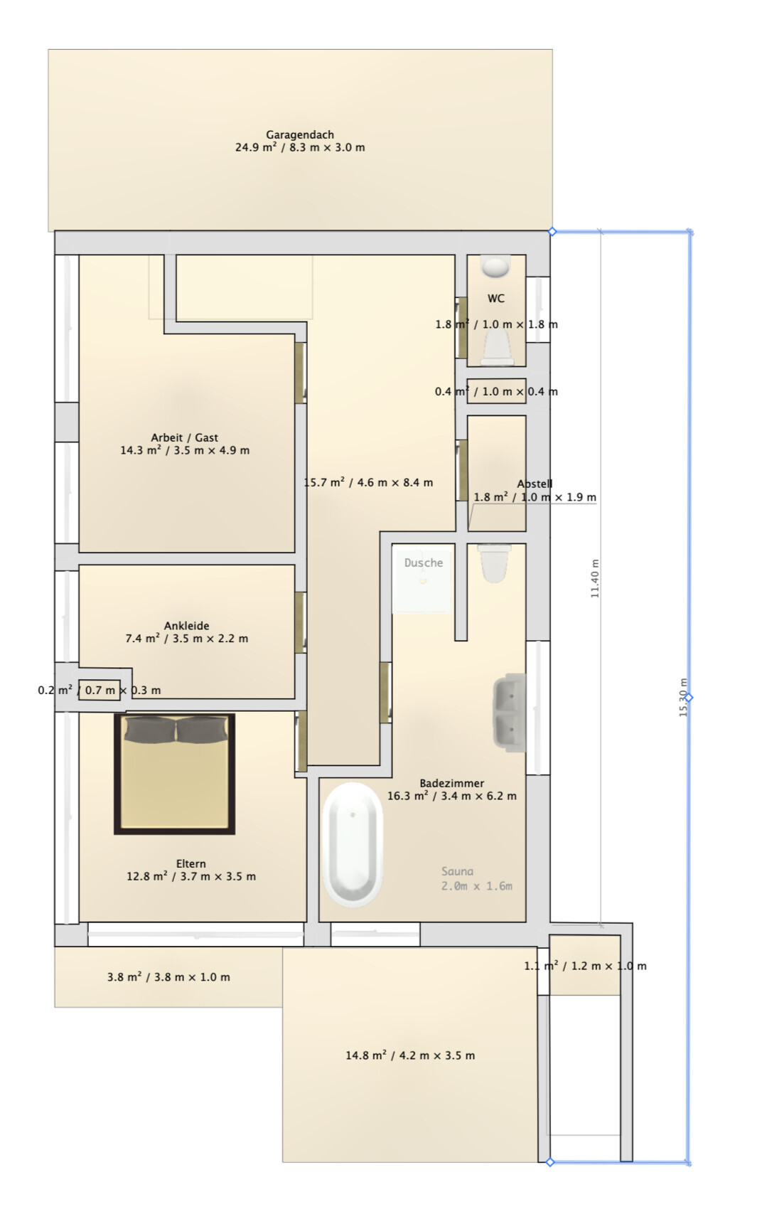 Grundriss eines Hauses mit Garage, Arbeitszimmer, Elternzimmer, Ankleide, Bad mit Dusche und Sauna.