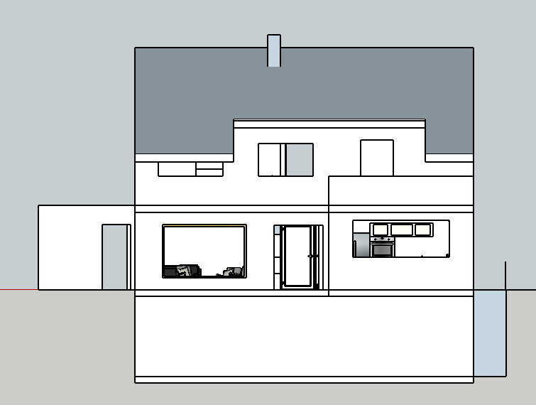 Moderne zweistöckige Hauszeichnung mit Wohnzimmer, Küche und Eingang.