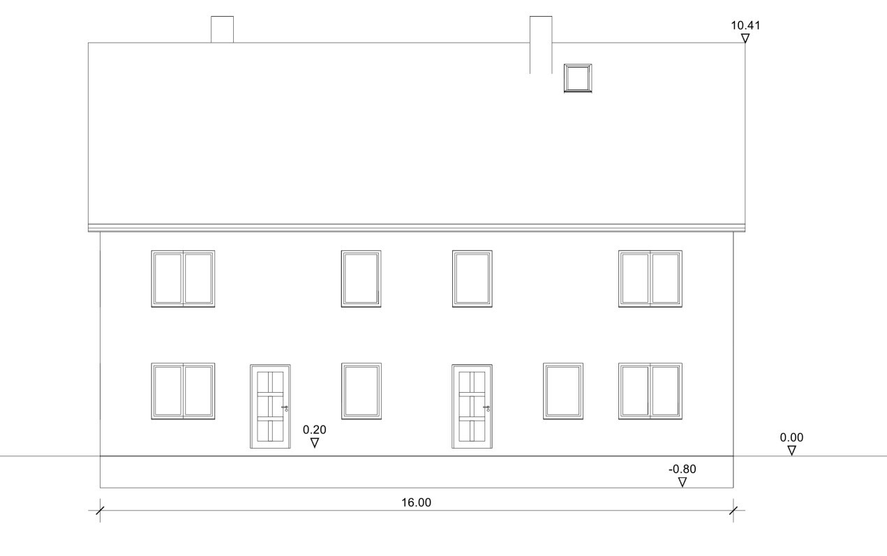 Ansicht einer zweistöckigen Wohnhausfassade mit Dach, Fenstern, Türen und Maßangaben (Breite 16 m).