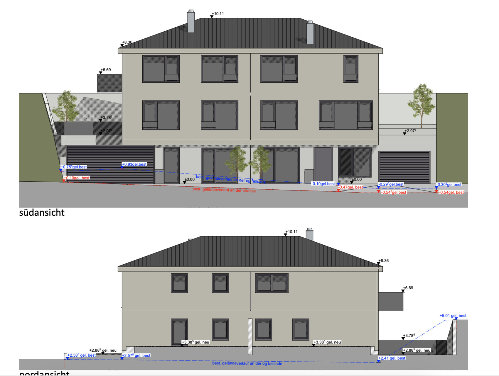 Zweigeschossiges Mehrfamilienhaus mit grauer Fassade, Satteldach und Garagen.
