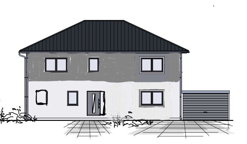 Zweistöckiges Haus mit dunklem Dach, grauer Ober- und weißer Unterseite, Garage rechts.