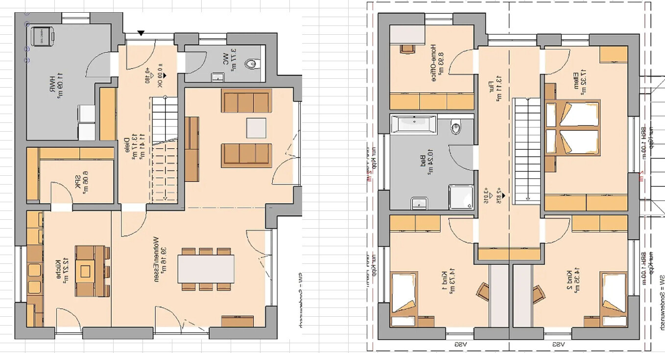 Grundriss eines zweigeschossigen Hauses: Erdgeschoss mit Küche und Wohnen, Obergeschoss mit Schlafzimmern.