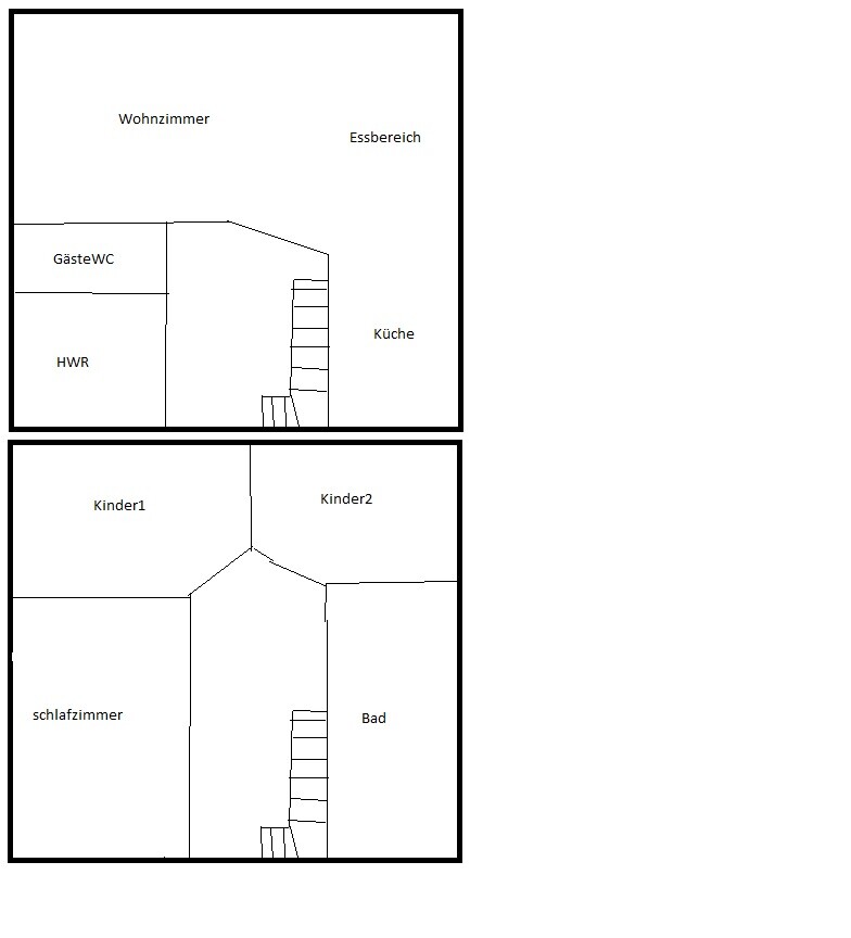 Zweistöckiger Grundriss: Oben Wohnzimmer, Essbereich, Küche; unten Schlafzimmer, Bad, Kinder.