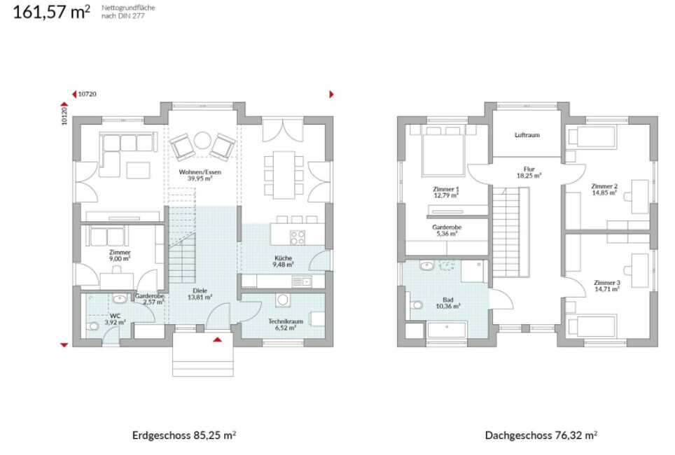 Grundriss eines Hauses: Erdgeschoss mit Wohnzimmer, Küche, Diele, WC; Dachgeschoss mit Zimmern.