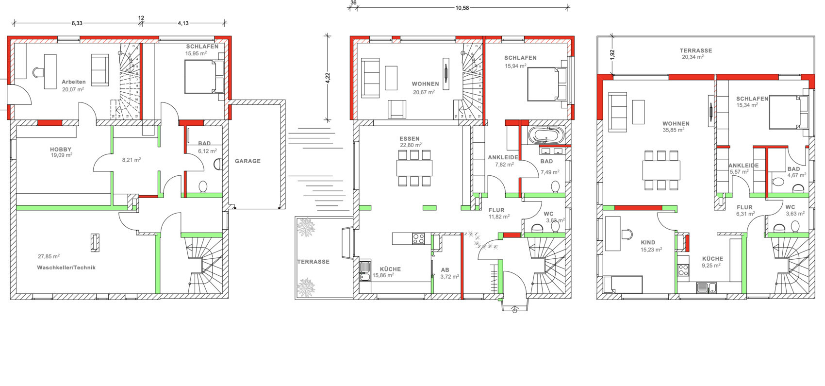 Mehrstöckiger Grundrissplan mit Küche, Wohnen, Essen, Schlafen, Bad, Garage; Terrassen.