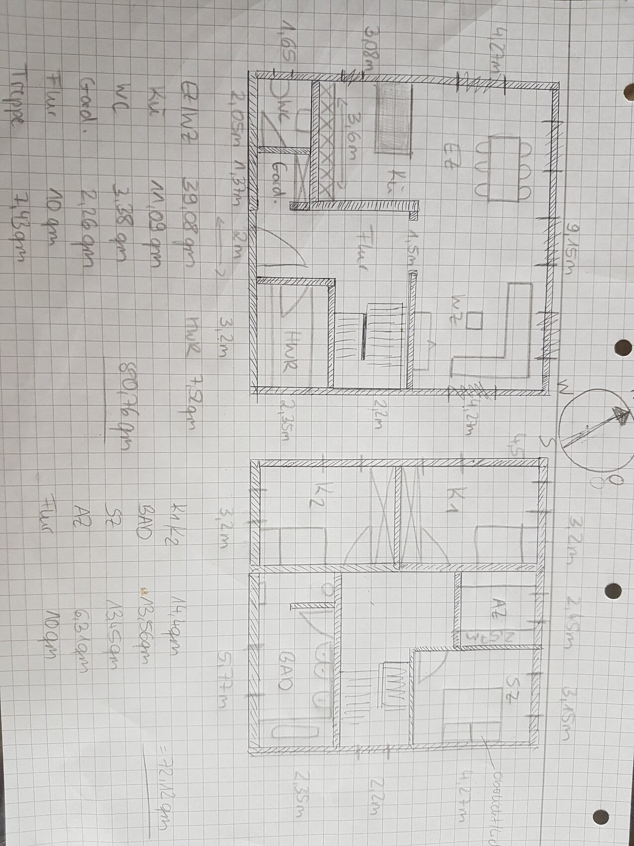 Zweistöckiger Hausplan mit Grundriss: Wohnbereich, Küche, Esszimmer, Flur, Treppe und Bad.