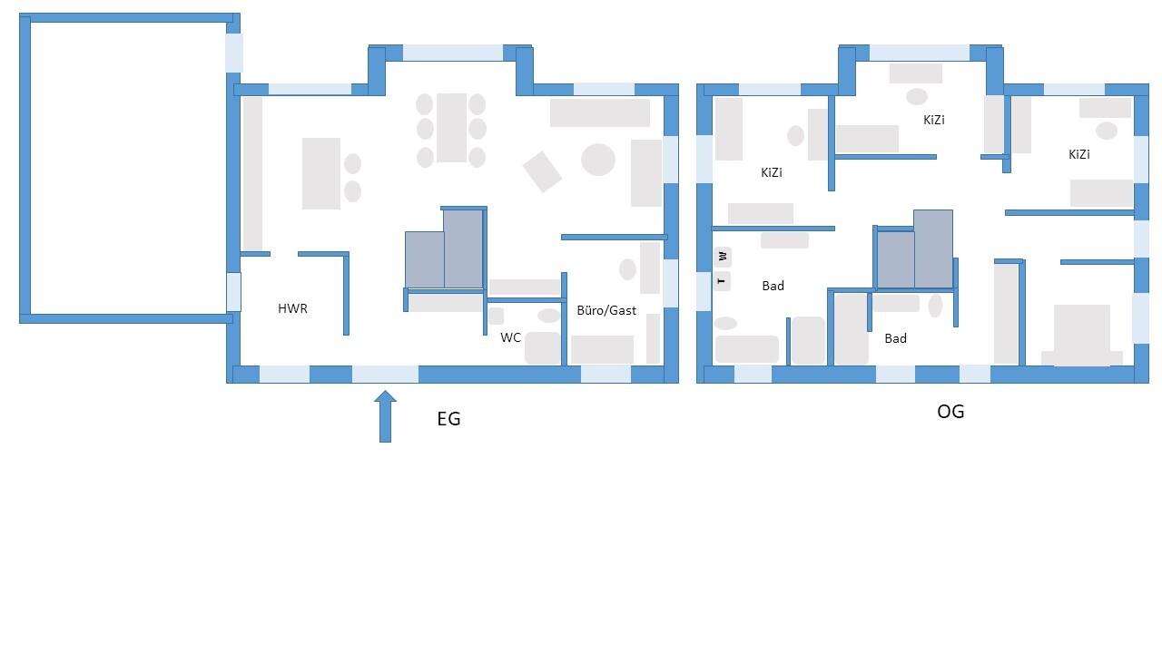 Zweigeschossiger Grundriss eines Hauses: EG mit Wohnzimmer, HWR, WC, Büro/Gast; OG mit KiZi und Bad.