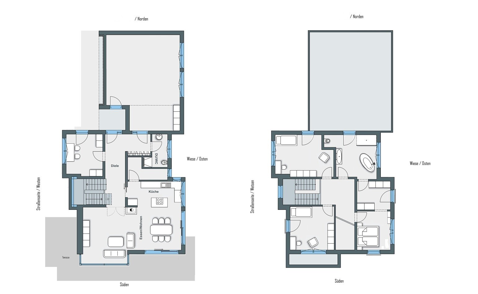 Zweigeschossiger Haus-Grundriss mit Wohnbereich, Küche und Schlafzimmer.