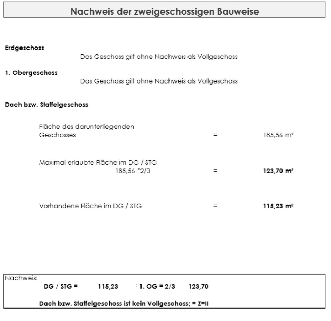 Flächenberechnung eines zweigeschossigen Gebäudes: EG, 1.OG, Dach/Staffelgeschoss (m²).
