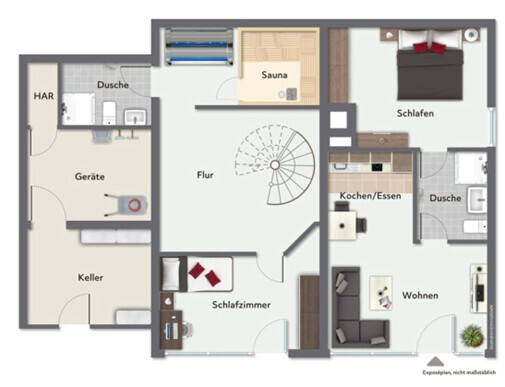 Grundriss eines Wohnhauses: Flur, Treppe, Wohnzimmer, Küche, Schlafzimmer, Sauna, Dusche, Keller.