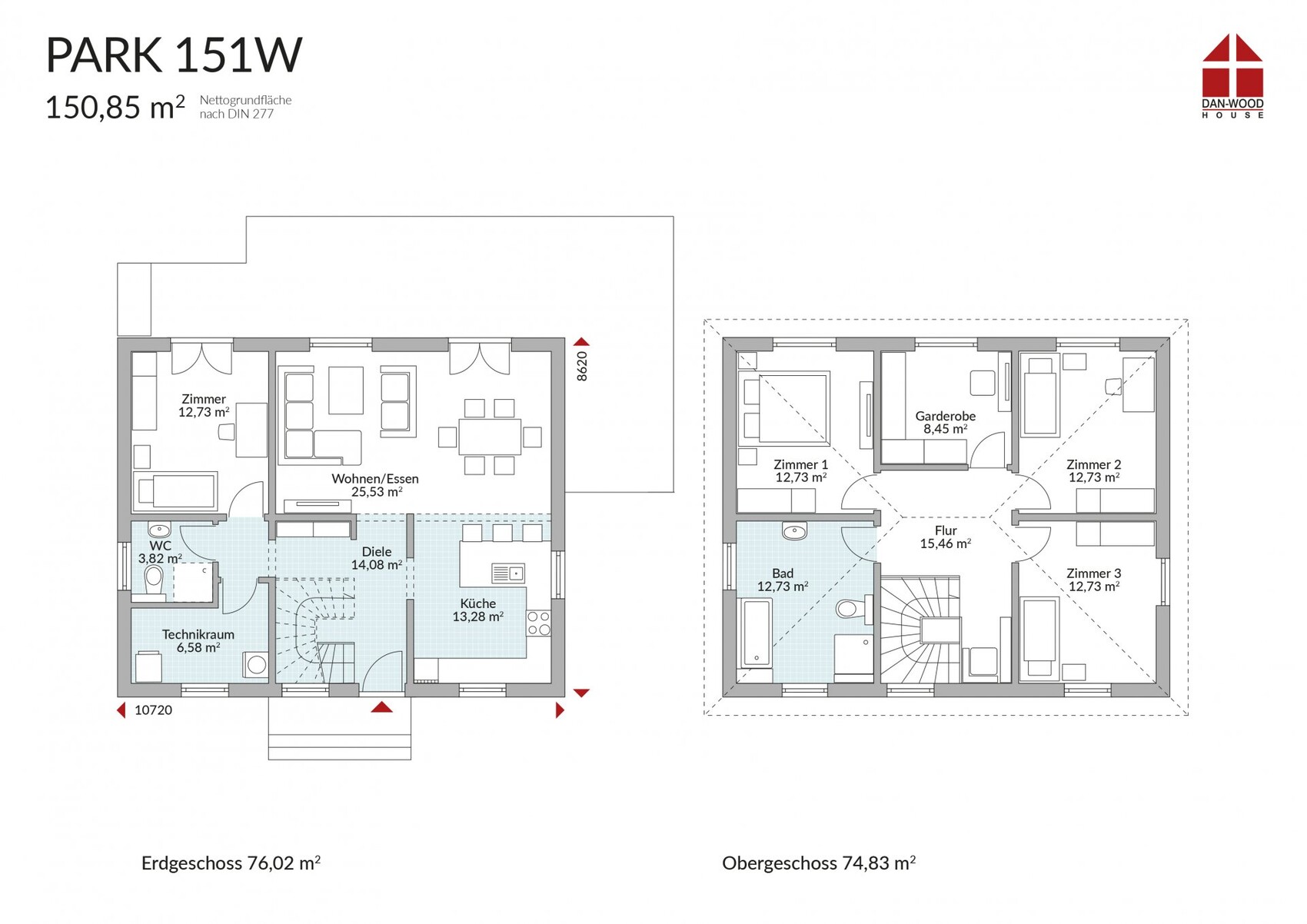 PARK151W: Erdgeschoss- und Obergeschoss-Grundrisse eines Hauses mit Zimmern, Küche und Fluren.