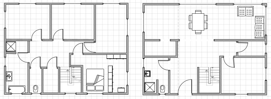 Zweigeteilter Grundriss eines Hauses mit Küche, Bad, Schlafzimmer, Wohnzimmer und Treppen.