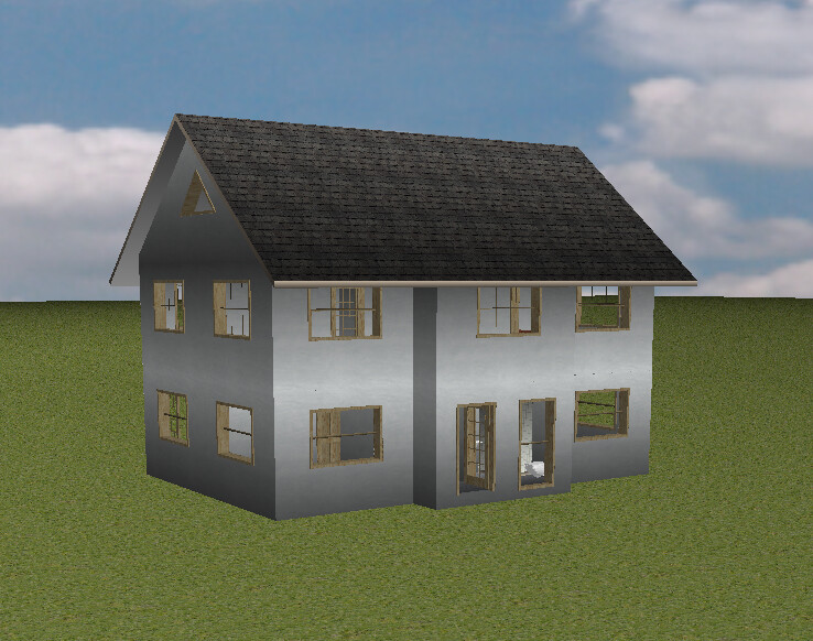 Zweistöckiges Hausmodell mit grauer Fassade, dunklem Satteldach und vielen Fenstern auf grünem Rasen.