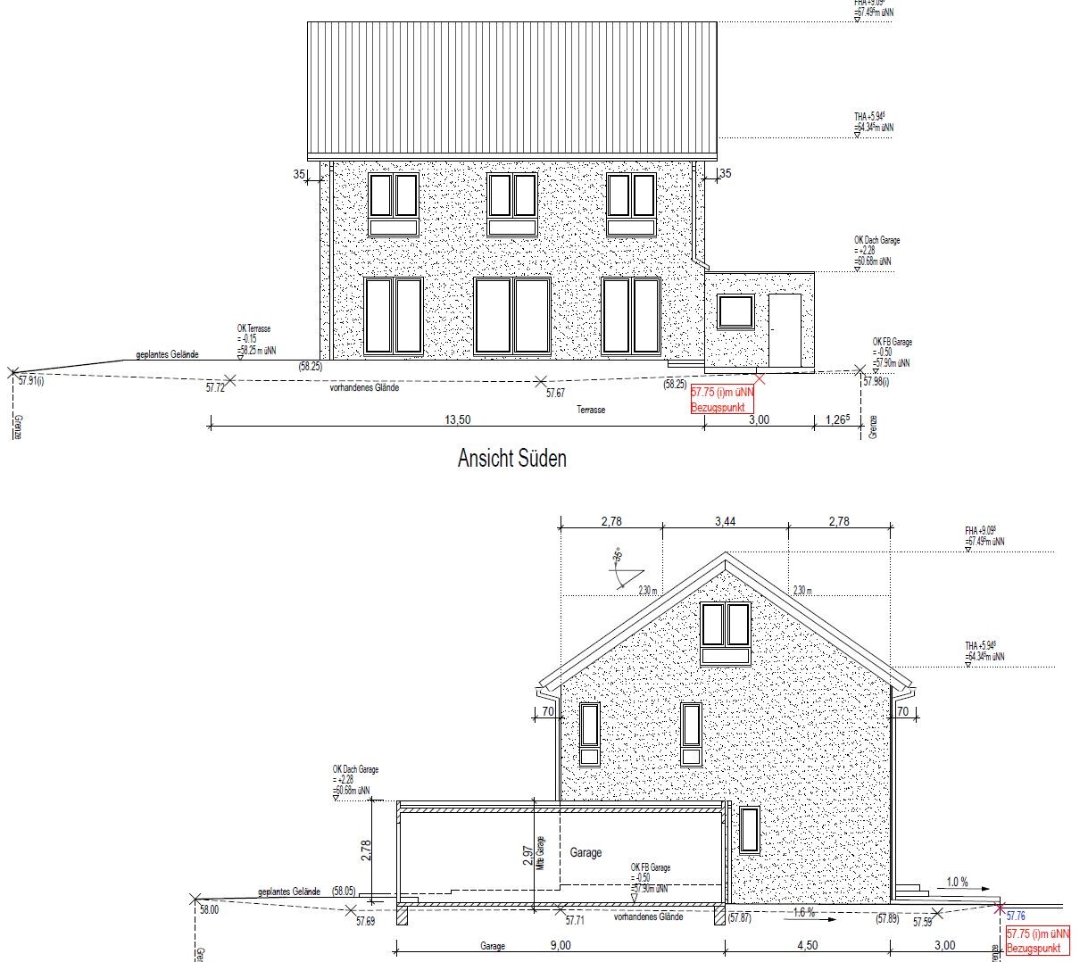 Suedansicht eines zweigeschossigen Einfamilienhauses mit Garage, architektonische Zeichnung