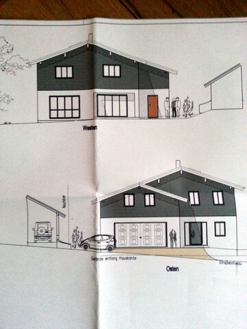 Zweiggeschossiges Haus: Front- und Seitenansicht Architekturskizze mit Garage