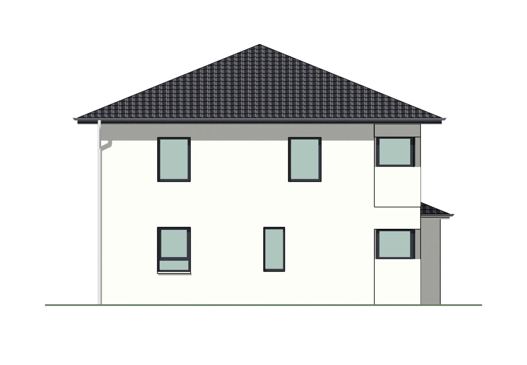 Zweistöckiges Haus seitlich mit dunklem Dachziegel, hellen Wänden und Fenstern.