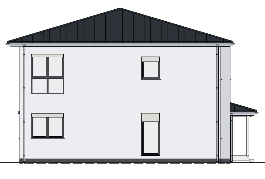 Zweistöckiges Haus mit grauer Fassade, dunklem Dach und mehreren Fenstern.