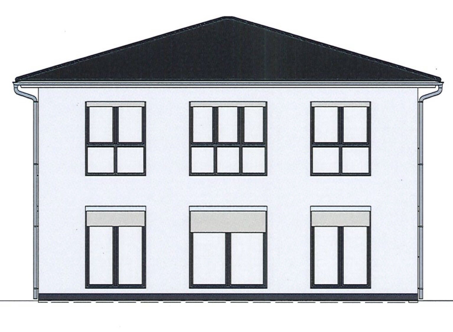 Zweistöckiges Wohnhaus mit dunklem Satteldach, weißem Putz und sechs Fenstern.
