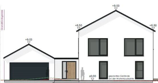 Frontansicht eines zweigeschossigen Hauses mit Garage und Fronttür