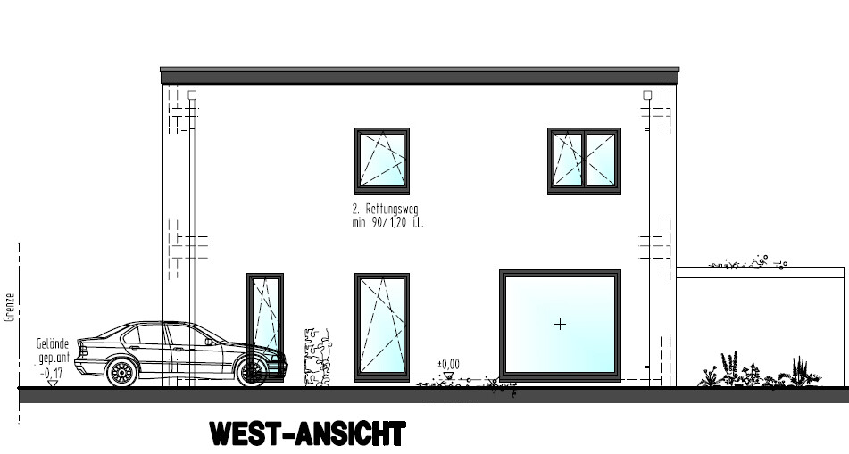 Architekturzeichnung der Westfassade eines zweistöckigen Hauses mit Fenstern, Tür und Auto.