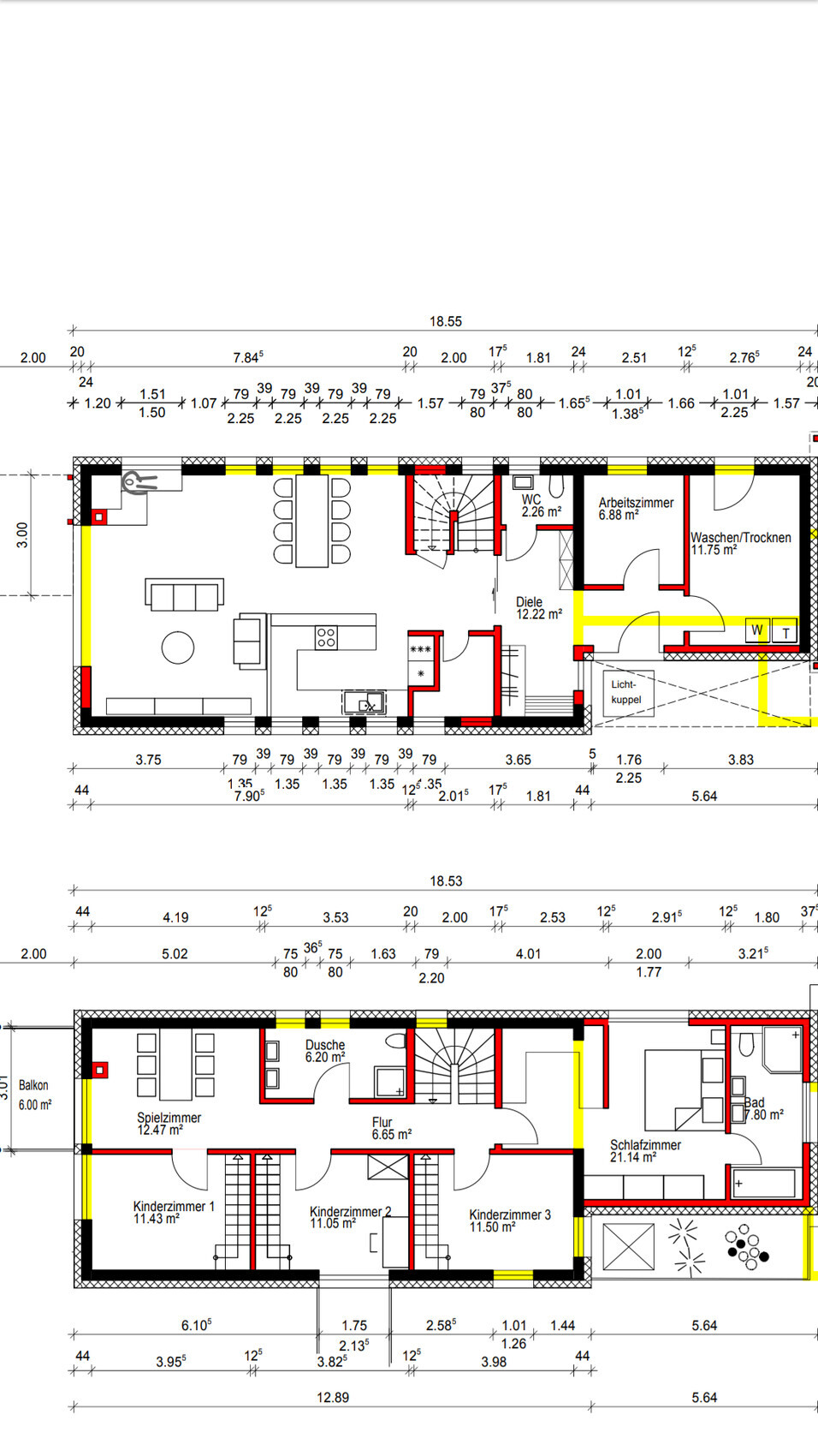 Zweigeschossiger Grundriss eines Hauses mit Küche, Wohnen, Arbeitszimmer, WC, Diele, Schlafzimmer und Kinderzimmer.