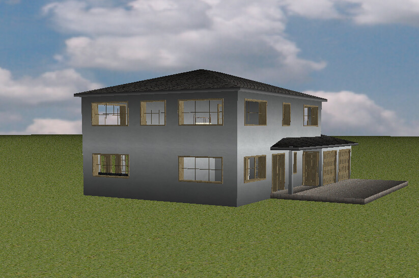 Zweistöckiges graues Haus mit vielen Fenstern, Vordach am Eingang, auf grasigem Gelände.