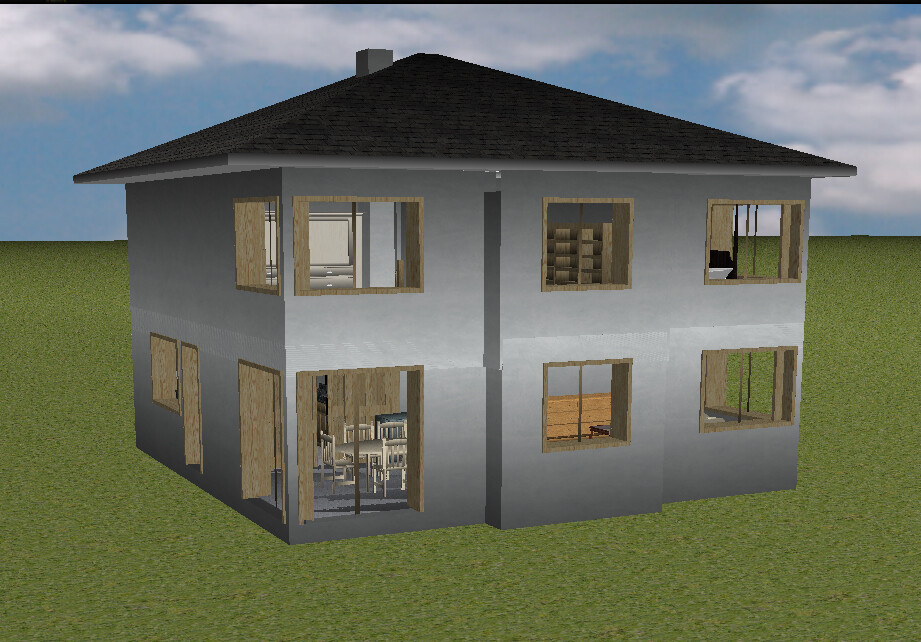 Zweistöckiges graues Haus mit offenen Fenstern; Blick ins Esszimmer und Küche; grüne Wiese.