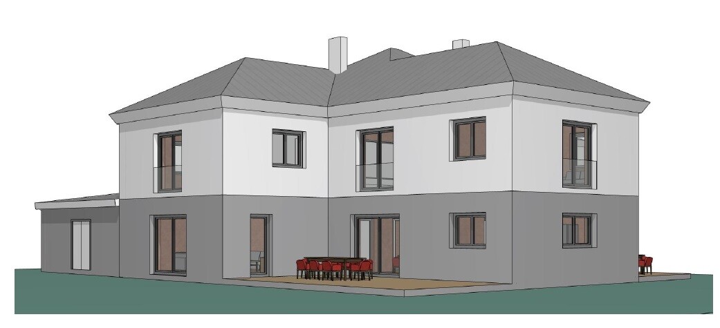 Zweistöckiges Haus mit grauer Sockelzone, weißem Obergeschoss; Terrasse mit rotem Esstisch.