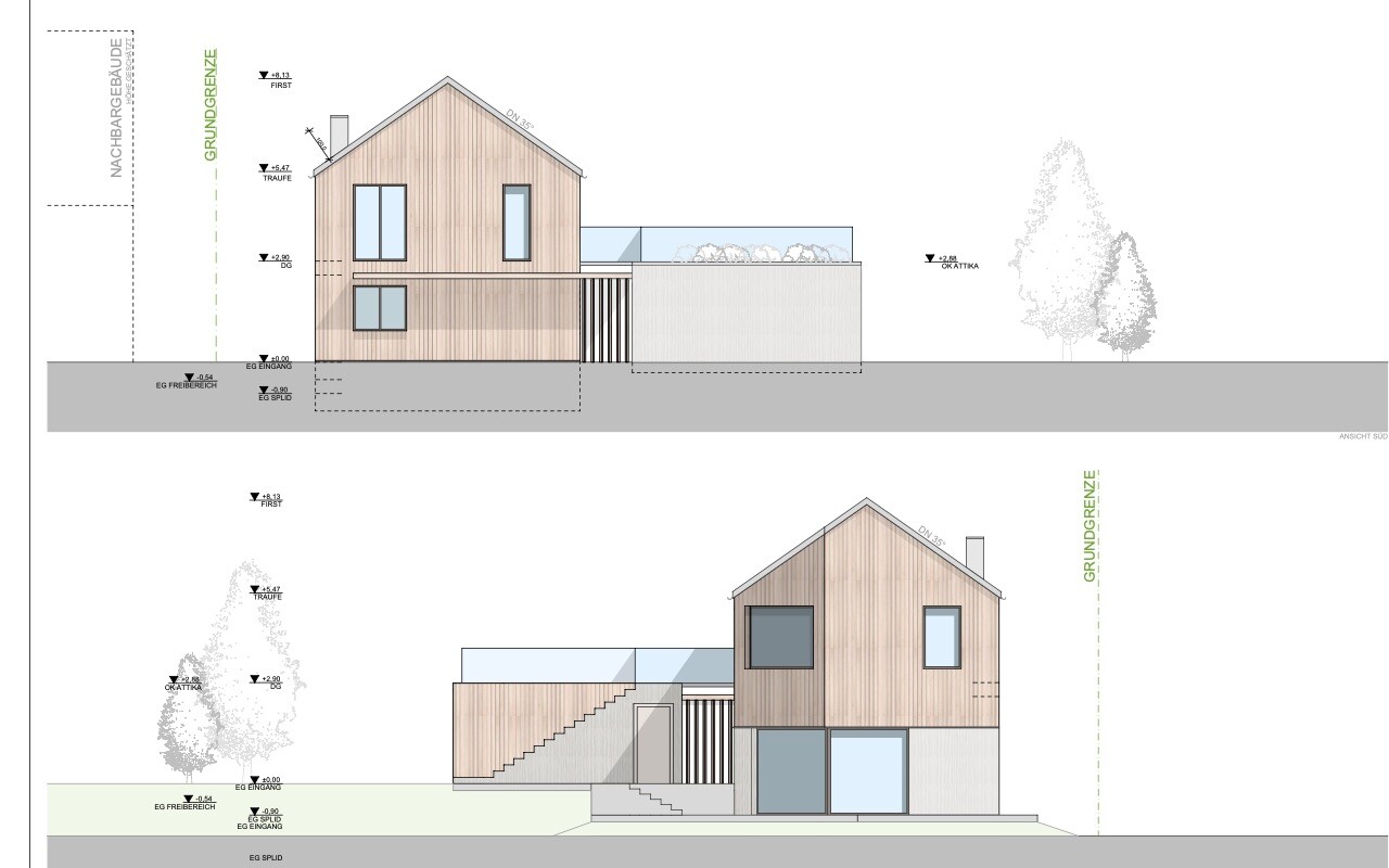 Zweistöckiges Holzhaus mit Satteldach, Holzfassade, Anbau und Treppe (Frontansicht)