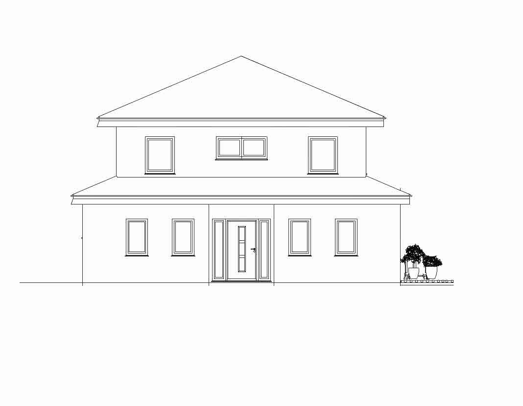 Linienzeichnung einer zweigeschossigen Hausfassade mit Eingangstür und Fenstern.