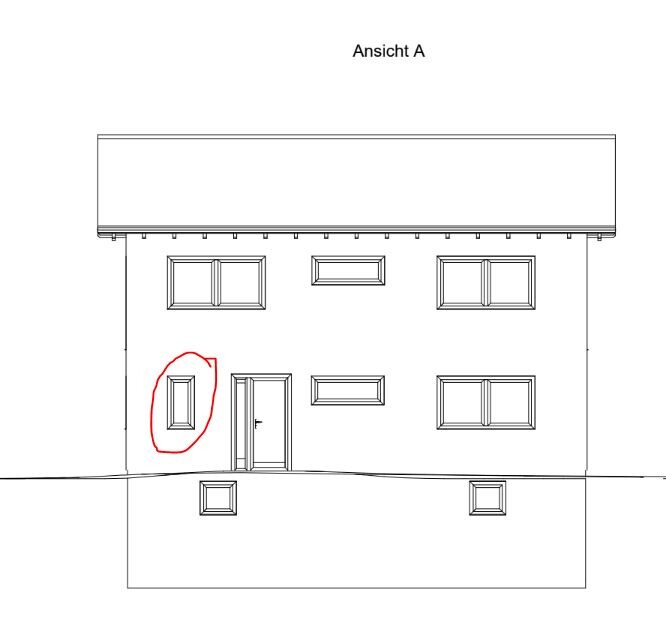 Ansicht A: Zweistöckiges Haus mit Eingang links der Mitte und schmalem Fenster daneben.