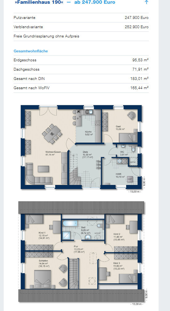 Zweistoeckiger Hausgrundriss mit Kueche, Wohnzimmer, Bad und Schlafzimmern.
