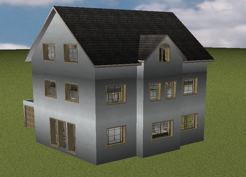 3D-Hausmodell: zweistöckiges, graues Haus mit dunklem Satteldach und vielen Fenstern.