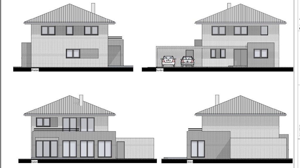 Architektur-Entwurf: Modernes Haus mit vier Fassaden (Westen, Norden, Süden, Osten) inklusive Garage