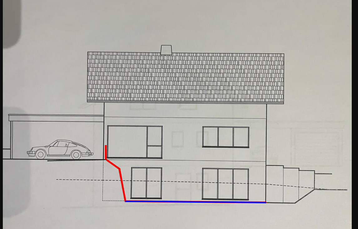 Zweistöckiges Haus mit Garage links, Auto im Carport; rote und blaue Linien markieren Fundamentschnitt.