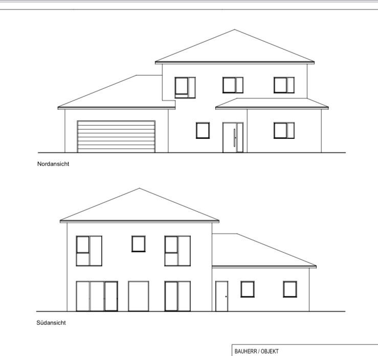 Nord- und Südansicht eines zweigeschossigen Hauses mit Garage, Fenstern und Türen.