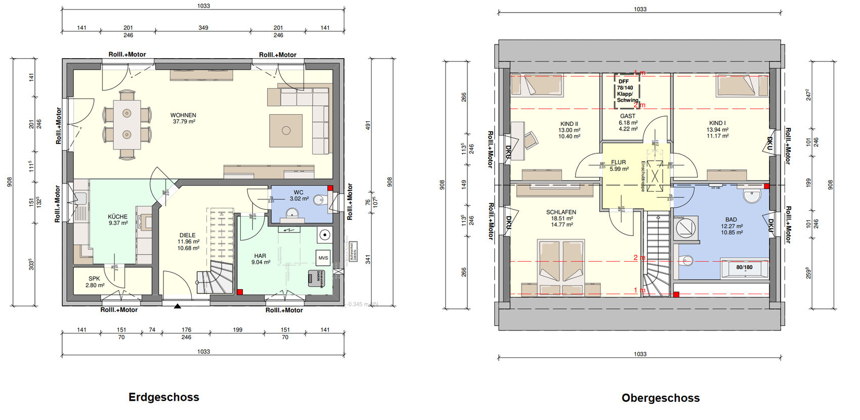 Grundriss eines zweigeschossigen Hauses: Erdgeschoss mit Wohnen/Kueche; Obergeschoss mit Bad.