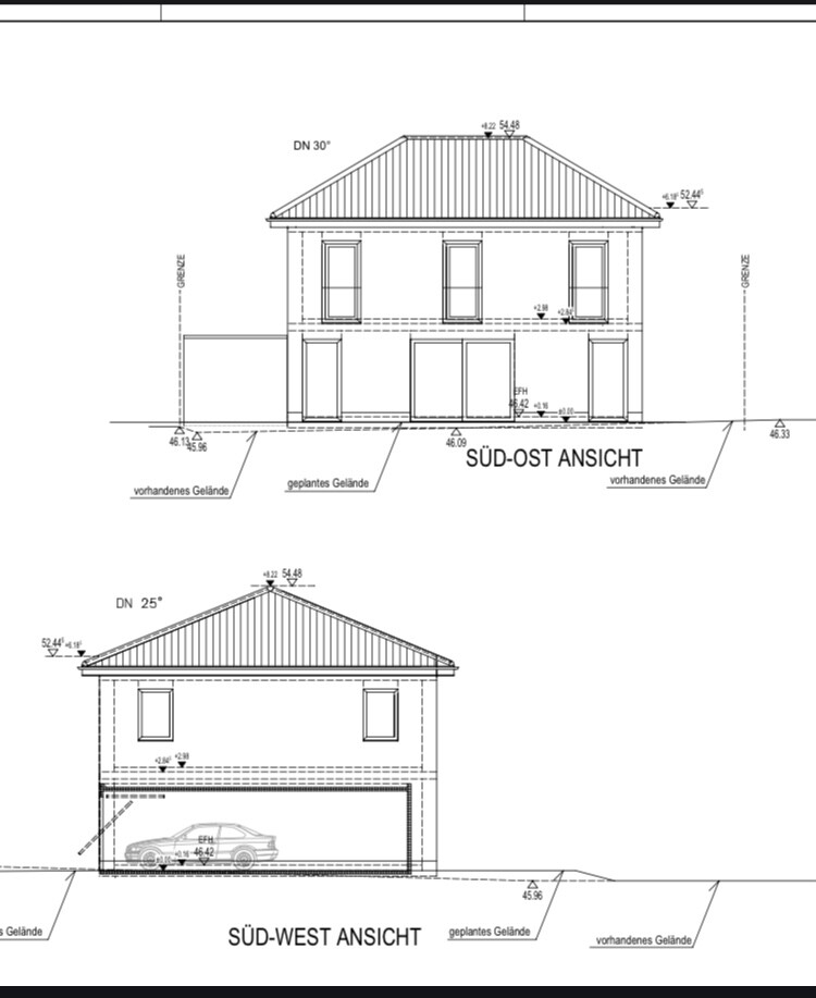 Architektonische Zeichnung eines zweigeschossigen Hauses mit Garage; Südost- und Südwestansicht.