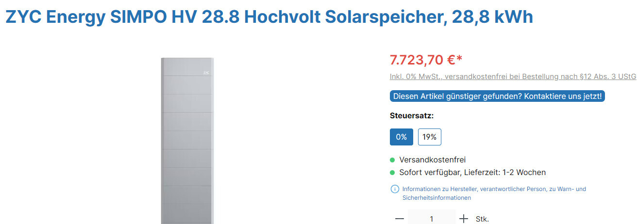 ZYC Energy SIMPO HV 28.8 Hochvolt-Solarspeicher, graues vertikales Gehäuse.